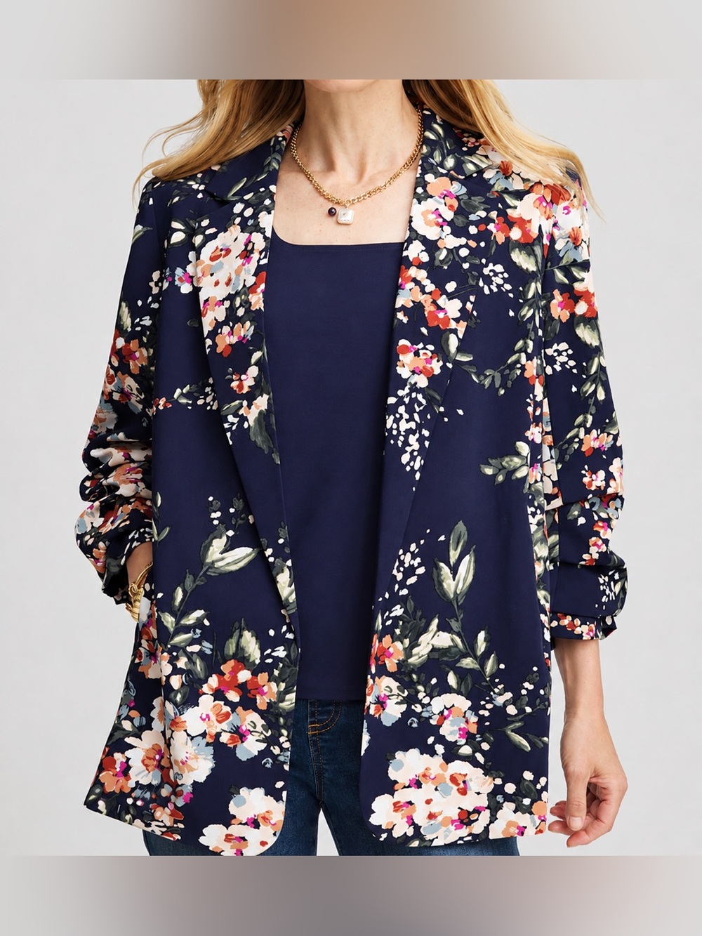 Chicos navy floral ruched sleeve blazer, size 16, Chicos size 3